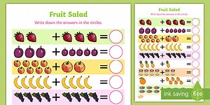 数の構成・足し算プリント - くだもの （英語表記）