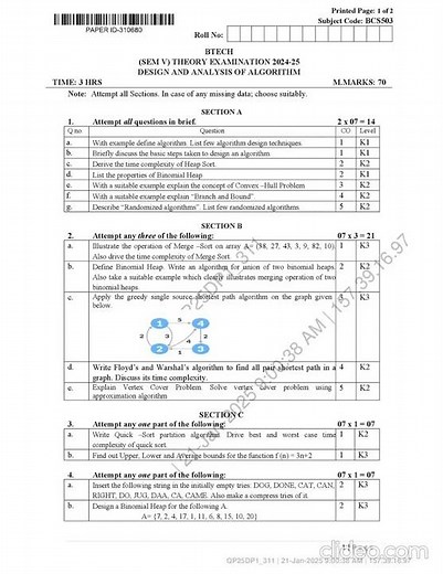 Design and Analysis Algorithm BCS-503 CSE Btech Question paper Aktu