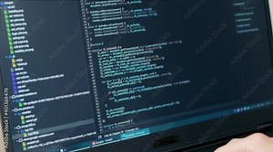 Professional Debugger Programs, Developer Programmer Writes Code, Encodes. Programming process, Close-up.