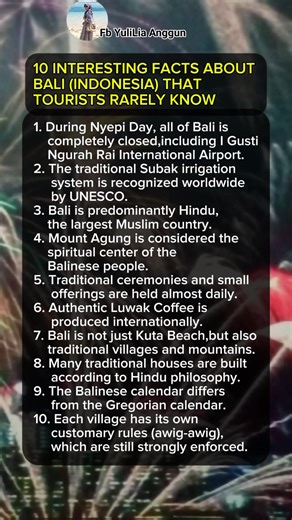 10 Interesting facts about Bali (Indonesi) that tourist rarely know #Bali #VisitIndonesia #CulturalHeritage #TravelFacts #IslandLife | Yuli Lia Anggun