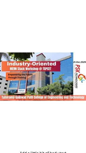 PSK Technologies IT Company on Instagram: "🚀 One Day Workshop on MERN Stack Development Learn industry-ready skills from Mrs. Gayatri Kadhao, Director & Senior Software Developer, PSK Technologies Pvt. Ltd. 📅 20 December | ⏰ 11:00 AM 📍 Research Lab, TGPCET Future-ready development starts here 💻✨ Swipe • Learn • Build • Grow . . #reels #reelsinstagram #reelsindia #instagramreels #viral #viralreels #trending #trendingreels #explore #explorepage #instareels #reelitfeelit #coding #programming #w