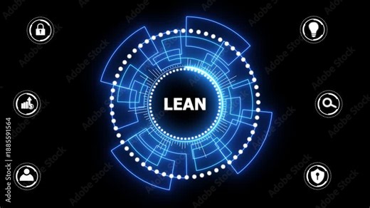 Lean, Six sigma, quality control and manufacturing process management concept on virtual screen. glowing animation.
