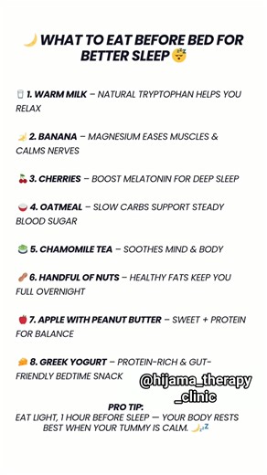 1K views |  Struggling to sleep? Try these bedtime snacks for better sleep! From warm milk to cherries, these foods can help you relax and sleep deeply. Pro tip: Eat light, 1 hour before sleep!  #SleepTips #BedtimeSnacks #HealthySleep" | Hijama Therapy Clinic | Facebook