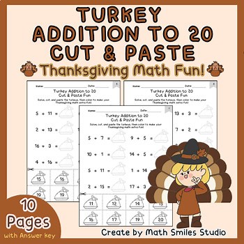 Turkey Addition to 20 Cut & Paste Fun | Thanksgiving Math Activity | 1st-2nd