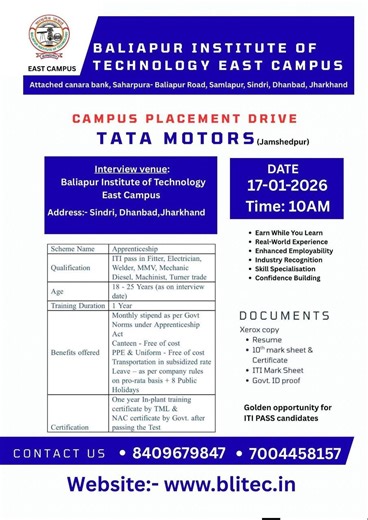 TATA Motors Campus Placement 2026 for ITI Student #TataMotors #placement #jobs #job | ITI Sarkari Result