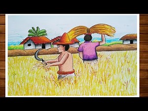 How to draw a village landscape where farmers harvesting paddy on fields | Ankita Hue