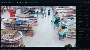 AI-powered Mock-up CCTV Footage in Supermarket: People Shopping in a Grocery Store. Multiple Camera Detect Suspicious Crime Activity, Activates Theft Prevention Identity Analysis. 360 Camera at Work