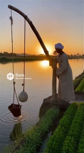 👨‍🌾 A farmer is irrigating his small plot next to the Nile using a shadoof #history