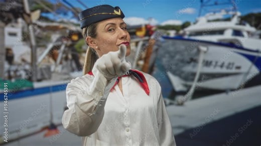 Flight attendant woman pointing finger at dock beside white yacht wearing white glove and blue cap; confidence.