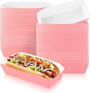 Yeaqee 100 Pcs 7" Paper Hot Dog Trays Disposable Paper Food Nacho Boats Hot Dog Holders Food Plates Disposable Serving Trays for Carnivals, Parties, Dinner, Cookouts(Pink)