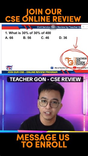 7.8K views · 76 reactions | CSE MARCH 2026 - NUMERICAL ABILITY PERCENTAGE TRICK Enroll ka na sa aming TEACHER GON REVIEW CENTER for the upcoming CSE MARCH 2026. #CivilServiceExam #tgrc #CSE2026 #teachergon #CSCPhilippines #tgrc | Ako si Teacher Gon | Facebook