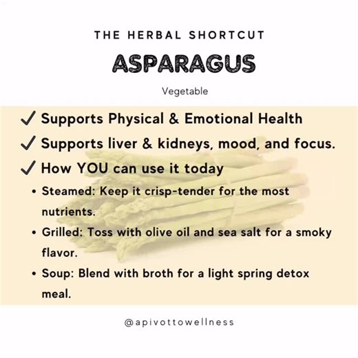 Clean your body with asparagus! This green powerhouse helps your liver & mind while keeping your digestion happy. Add it to dinner tonight! 💚 Tag a friend who needs a natural reset!” #HerbalShortcut #AsparagusBenefits #CleanEating #NaturalDetox #apivottowellness | A Pivot To Wellness