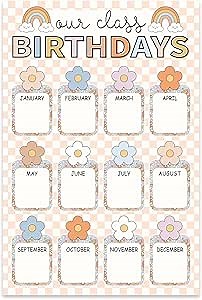 Whaline Happy Birthday Chart Poster Pastel Boho Flower Birthday Chart Calendar Colorful Plaid Birthday Reusable Poster Decoration for Back to School Bulletin Board Chalkboard Wall Decor 11 x 16.5 In