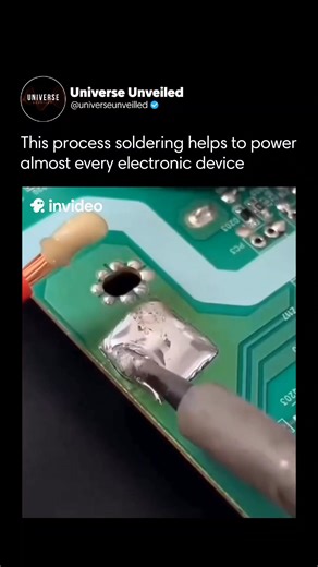 Universe unveiled on Instagram: "This video demonstrates the soldering process, which permanently connects electronic components to a circuit board. A soldering iron heats both the metal pad and copper wire simultaneously. When the solder melts, it flows around the joint, securely bonding the wire to the board and creating a continuous electrical path for current to pass. As the solder cools, it hardens, locking the connection in place. This small but essential process is used in nearly every el
