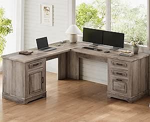 Itaar Farmhouse L Shaped Desk, Executive Computer Desk with Drawers and Storage Cabinet, Home Office Desk with File Drawer and Power Outlet, Corner Desk, Workstation for Office Home, Grey