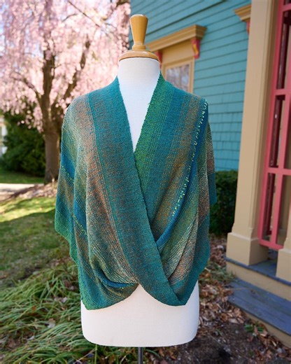 Mossy Path Petit Mobius Shawl - Handwoven Infinity Wrap in Mossy Green, Teal, Warm Amber & Olive With Chartreuse Ribbon Accents. - Etsy