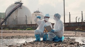 Biologist wear protective suit and mask collects sample of waste water from industry, problem environment, Ecologist sample taken dead fish to inspection and save data to laptop computer, Toxic water