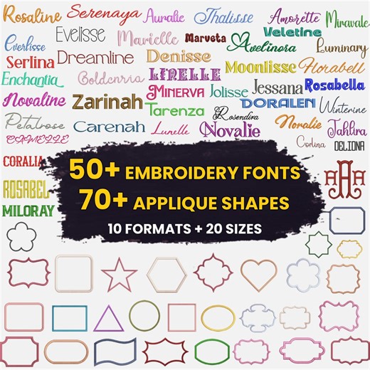 50 Cursive Machine Embroidery Font Bundle, 70 Shapes Applique Embroidery Design Bundle, Monogram Script Alphabet, PES DST, Instant Download - Etsy