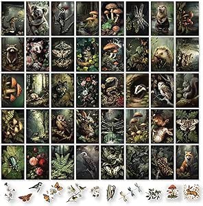 97 Decor Dark Cottagecore Room Decor Aesthetic - 40 Pcs Cottage Core Wall Decorations, Vintage Botanical Wall Art Prints, Nature Photo Collage Kit Mushroom Poster Animal Pictures for Bedroom
