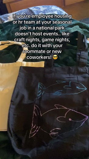 If you want to 😎🥳 but highly recommend.. paint your own tote bag, paracord bracelets, photo keychains, or make cards to mail out to a local senior living facility #craftnight #paintyourowntote #seasonalworkinnationalparks #nationalparkseasonalwork