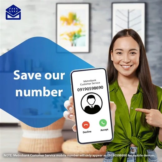 🤳 Don't forget to save our number! We have a dedicated mobile number for our Metrobank Customer Service to reach out to you: 09190598690. Save it on your mobile phone for your convenience & security. Remember: This number is used for outgoing calls by Metrobank Customer Service. You may still reach us via our Customer Service Hotline at (02) 88-700-700 or @MiaOfMetrobankCard on Facebook Messenger for all your concerns. We would be glad to assist you. 😃 Metrobank is regulated by the Bangko Sent