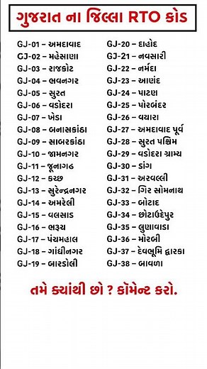 ગુજરાત ના બધા જિલ્લા RTO Code 🚗 | Gujarat RTO Code List 2025