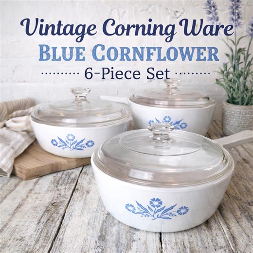 6pc Set Vintage Corning Ware Blue Cornflower | P-82-B 1.5 Pint Saucepan   P-83-B Skillet   P-81 1 Pint | 3 Pyrex Lids SA Pyroceram Cookware - Etsy