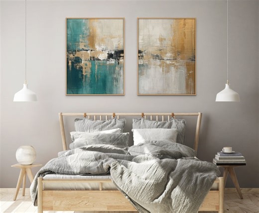 Teal & Gold Abstract Art Prints: Minimalist Brush Strokes (digital Download) - Etsy