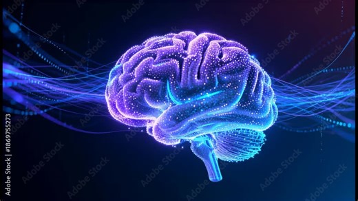 Futuristic 4K visualization of a glowing digital human brain with neural network activity and artificial intelligence data particles.