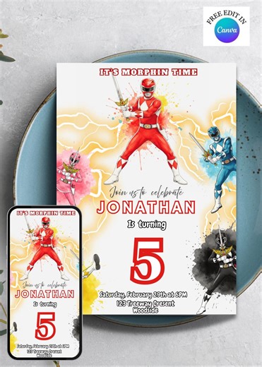 Power Rangers Birthday Invitation | Power Rangers Invite | Printable Rangers Invite | Ninja Evite | Editable Canva Template Instant Download - Etsy