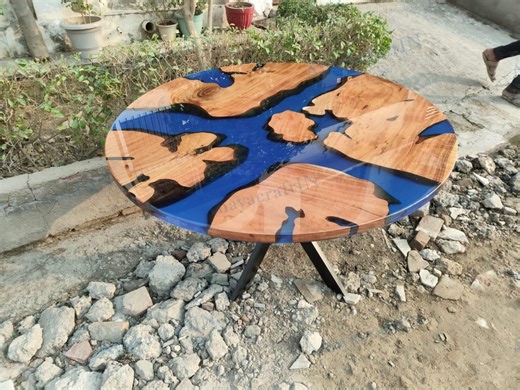 Live Edge Round Table Blue Epoxy Resin | Natural Wood Handmade Design - Etsy