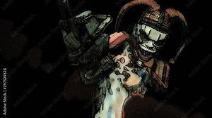 Funny seamless animation of a hand drawn horror clown with a chainsaw. Halloween background of a terror character cartoon style Stock Video