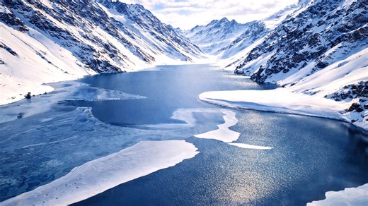 A winter landscape with ice and mountains in the Andes