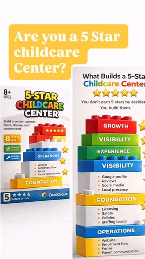 Entering 2026 as a 5 star childcare center is not about luck. It is about stacking the right pieces in the right order. A strong foundation. Clear operations. An experience families trust. Visibility that attracts the right parents. Systems that support growth. When every piece is in place, the stars follow. If you are ready to build it the right way, we can help. | Cool Clique