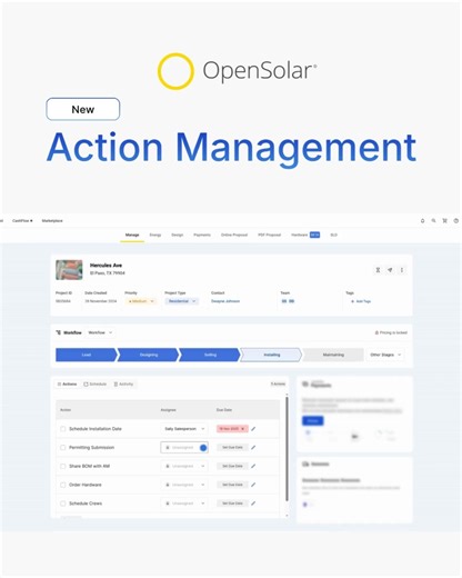 Assign tasks, set deadlines, and track every action in our built-in Project Management CRM, bringing everything into one place to boost efficiency and elevate collaboration across your teams.  See how it works: https://bit.ly/4aFlBZr #ActionManagement #OpenSolar #Solar #CRM #ClimateTech #ProjectManagement | OpenSolar | Facebook