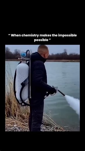 @the_clipcorners on Instagram: "What looks like someone “walking on water” thanks to a magical chemical is actually a fascinating demonstration of how supercooling, phase change, and nucleation work in nature. The water in this video is likely supercooled—meaning it’s cooled below freezing without turning into ice because no disturbance has triggered crystallization yet. When the person releases a stream of a cold substance (commonly liquid nitrogen or a nucleating agent), it instantly causes th
