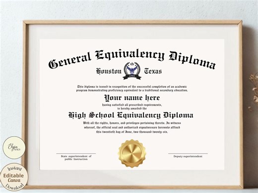 Printable GED Diploma Template, Gold Seal Certificate Design, Editable Graduation Diploma, Instant Download