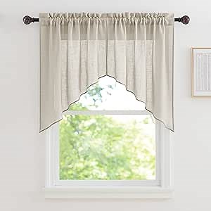 RYB HOME Window Topper Curtains - Linen Textured Semi Sheer Curtains Privacy Rod Pocket Curtain Valances Tiers Set Light Filter for Bedroom Cafe Kitchen, Angora, 36 x 36 inch, 1 Pair