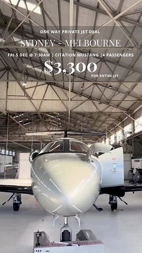 ** BOOKED ** ✈️ New EmptyLeg Listing! 📅 Friday 5th December 🕛 Departs at 7:30AM 📍 Route: Sydney → Melbourne 🛫 Onboard the Citation Mustang 👥 Seats: Up to 4 passengers 💰 All-inclusive: $3,300 total 🔗 Link in bio to book now. | EmptyJets (Australia)