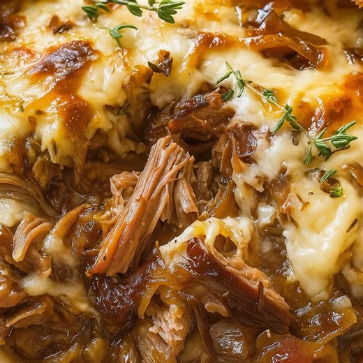 French Onion Pot Roast 🧅🧀 Fall-apart beef, caramelized onions, and gooey melted cheese — all slow-simmered into a rich, cozy comfort dish you’ll crave again and again. Ingredients: 3–4 lbs chuck roast (well-marbled) 2 tbsp olive oil 2 large yellow onions, thinly sliced 3 cloves garlic, minced 2 tbsp unsalted butter 1 tbsp all-purpose flour 1 ½ cups beef broth ½ cup dry white wine (or extra broth) 1 tbsp Worcestershire sauce 1 tsp dried thyme (or a few sprigs fresh thyme) ½ tsp salt ½ tsp black