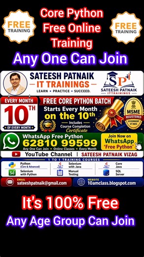 🎓 Learn Core Python FREE & Get a Course Completion Certificate | Sateesh Patnaik IT Trainings #short