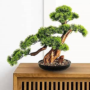 Artificial Bonsai Pine Tree, 17Inch Faux Potted Plant Desk Display Fake Tree, Realistic Bookshelf Bonsai Tree, Japanese Zen Garden Cedar Bonsai Plant Office Home Decor
