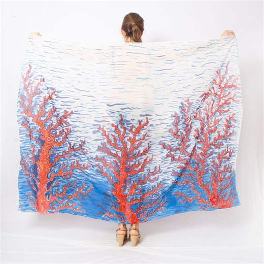 Coral Reef Hand Painted Scarf Large Silk Cotton Sarong Beach Cover up Gift 54X76 - Etsy