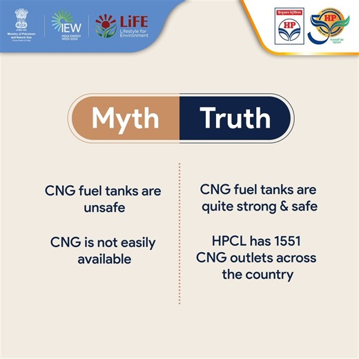 Don't be misled by misconceptions! Learn the real story behind CNG for a clearer perspective. Understand the truths and misconceptions around CNG. #HPCL #DeliveringHappiness #HPTowardsGoldenHorizon #CNG #MythBreaker | HP Lubricants