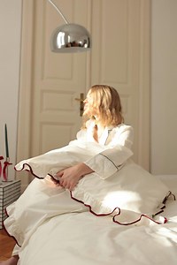 Handmade Ruffle Duvet Cover Set: 100% Cotton Cream Bedding With Burgundy Trim - Etsy