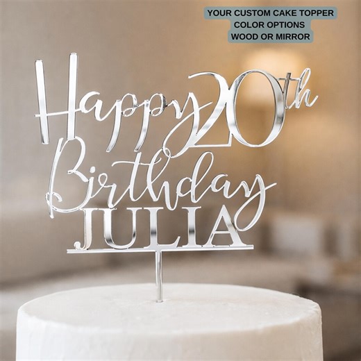 Custom Happy Birthday Cake Topper With Name, Personalized Anniversary Party Wooden or Acrylic Mirror - Etsy