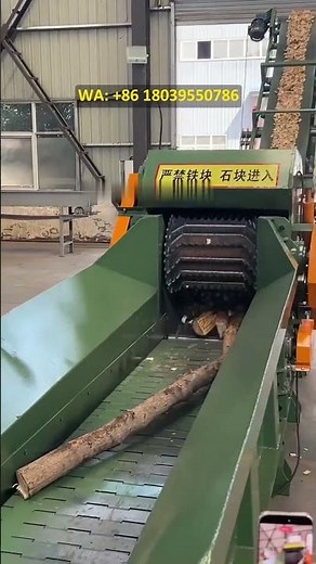 Drum chipper, wood chipper, real-life demonstration of biomass wood chip production.