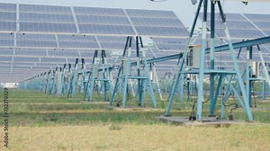 Blue Solar panel, Photovoltaic rows array of ground mount system Installation, Solar power plant, Solar farm, Alternative source of electricity, Power plant, alternative electricity source - concept