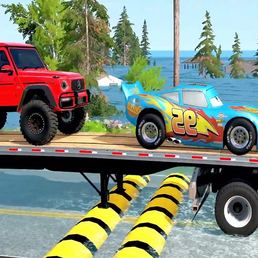 115K views · 1.1K reactions | McQueen on Flatbed Trailer – Truck Transport Crash Test! Cars vs Speedbumps vs Train | BeamNG Ep.142 #CarTransport #flatbedtruck #BeamNGDrive #fblifestyle #TrainCrash | Gamingworld | Facebook