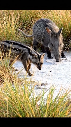 Common Genet vs Aardvark on the a disused borehole clearing with dusty salt crust